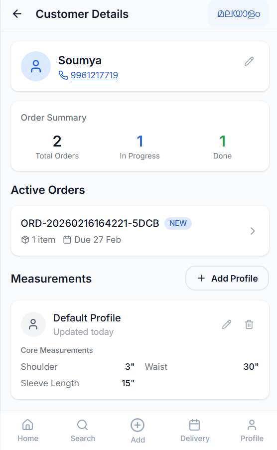 Customer details showing order summary, active orders and saved measurements